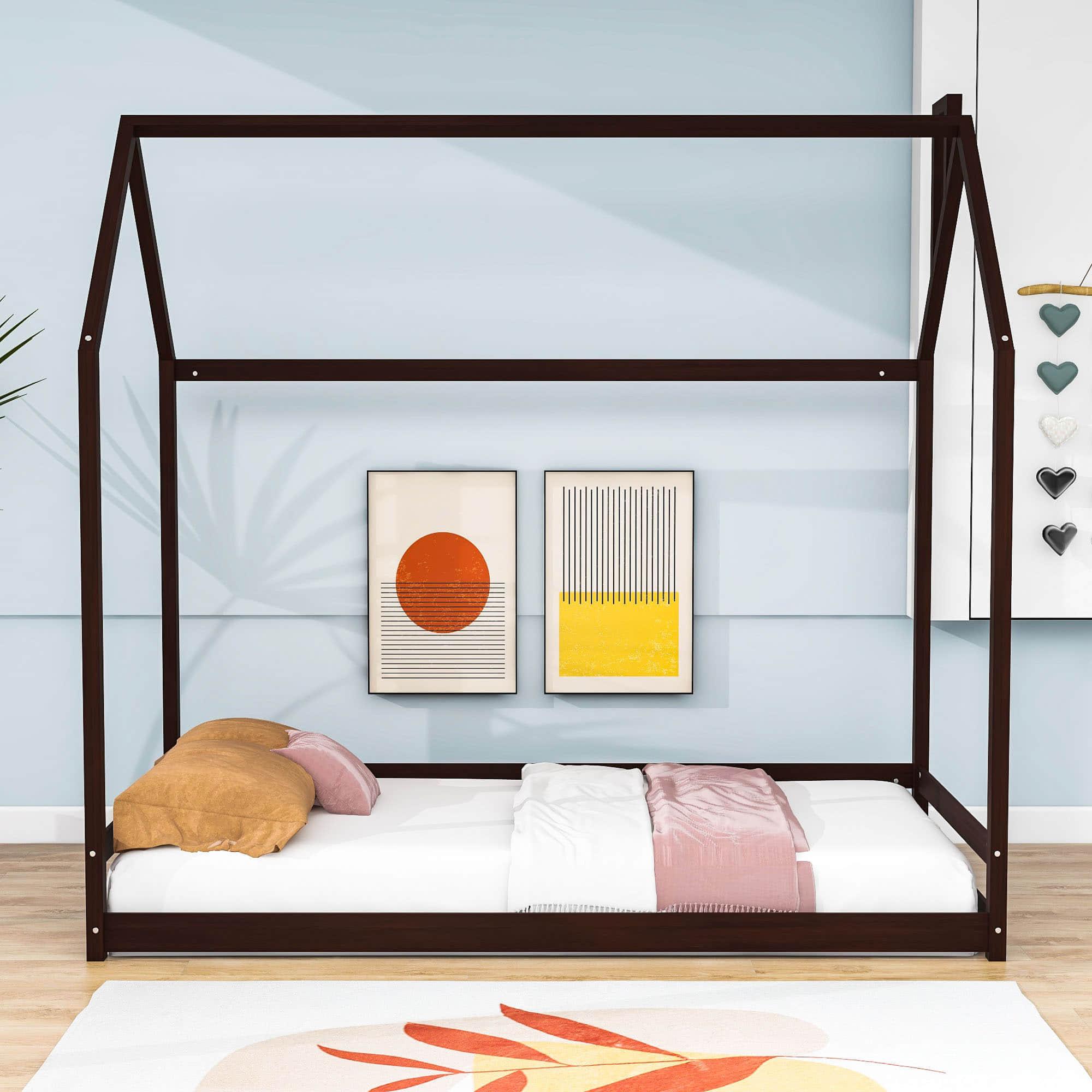 Solid Wood Twin House Toddler Floor Bed