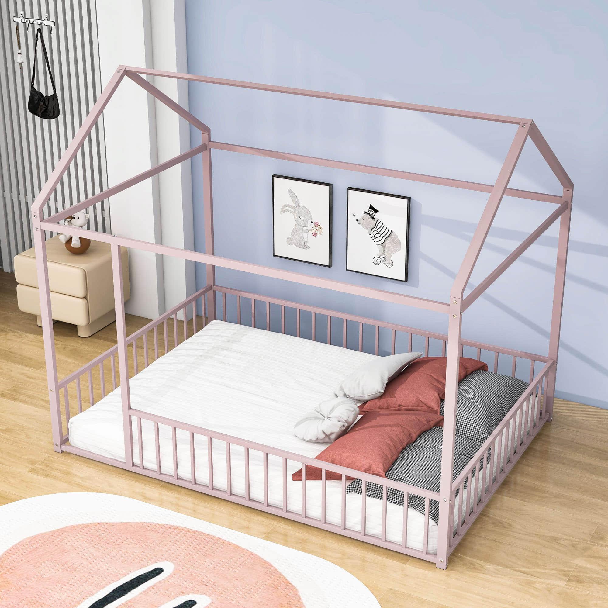 Full Size Metal House Toddler Floor Bed with Rails for Boys and Girls