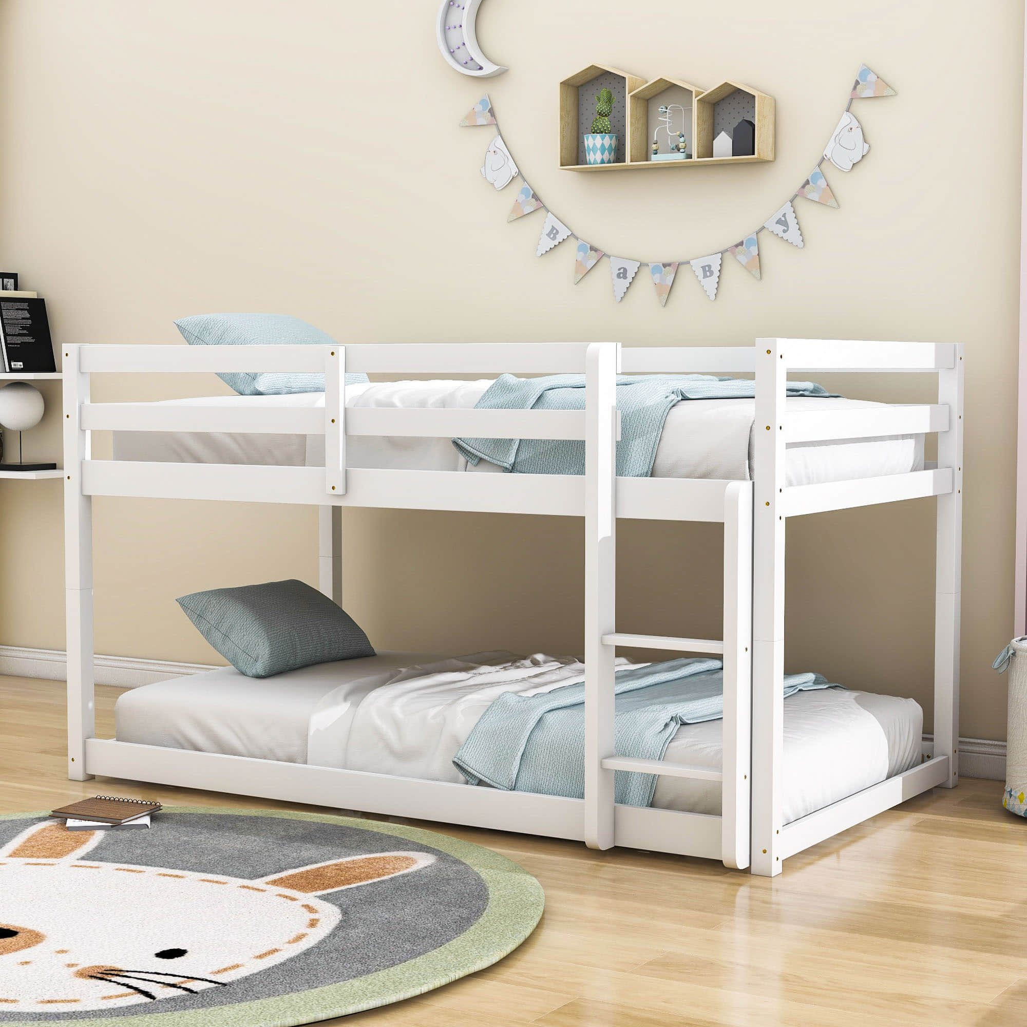 Wooden Low Twin Over Twin Floor Toddler Bunk Beds