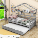 Wood Twin Size Low House Bed Frame with Storage and Twin Trundle Bed