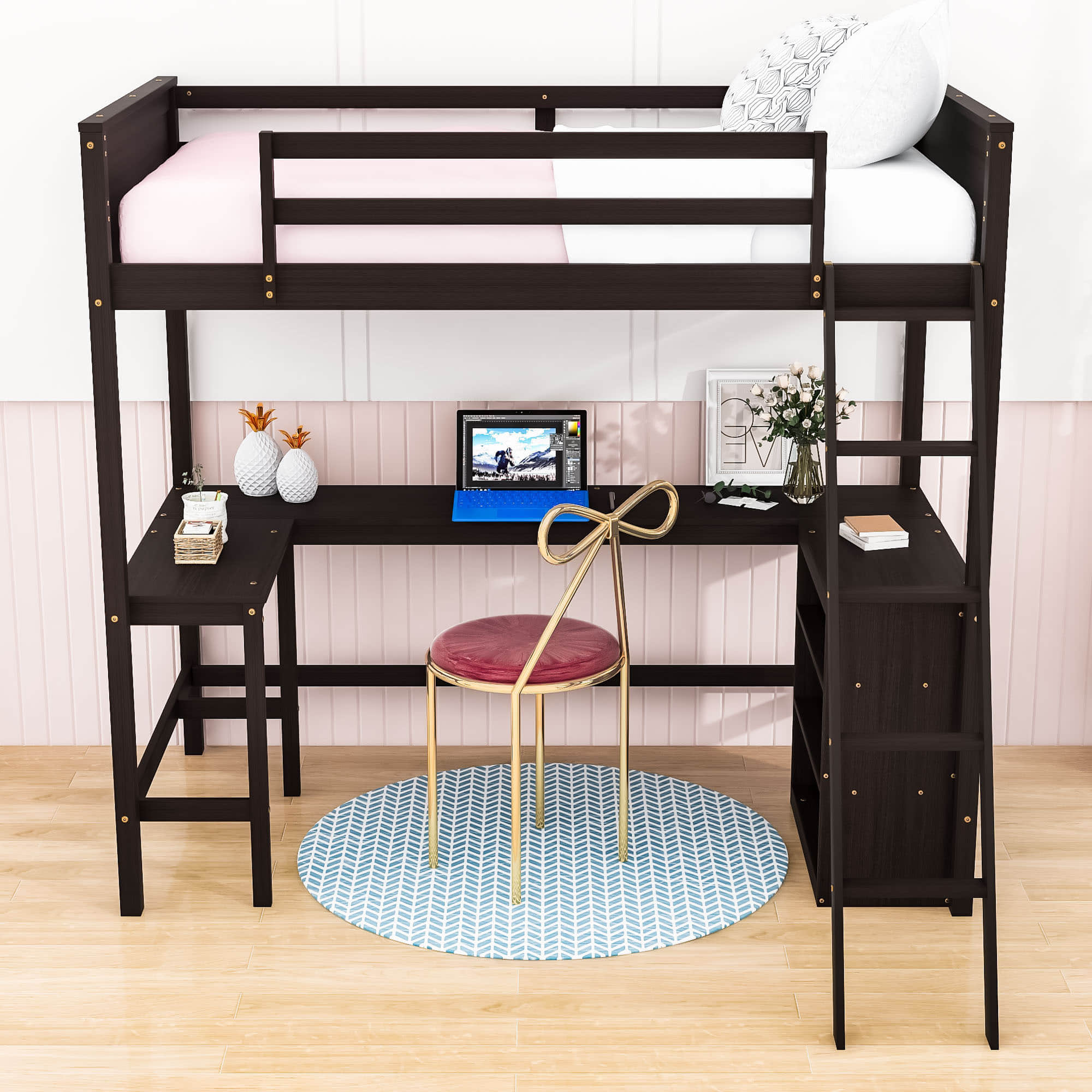 Wood Twin Size Loft Bed with Desk and Storage Shelves for Kids, Adult