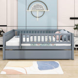 Wooden Full Size Low Kids Bed with Twin Size Trundle and Rails