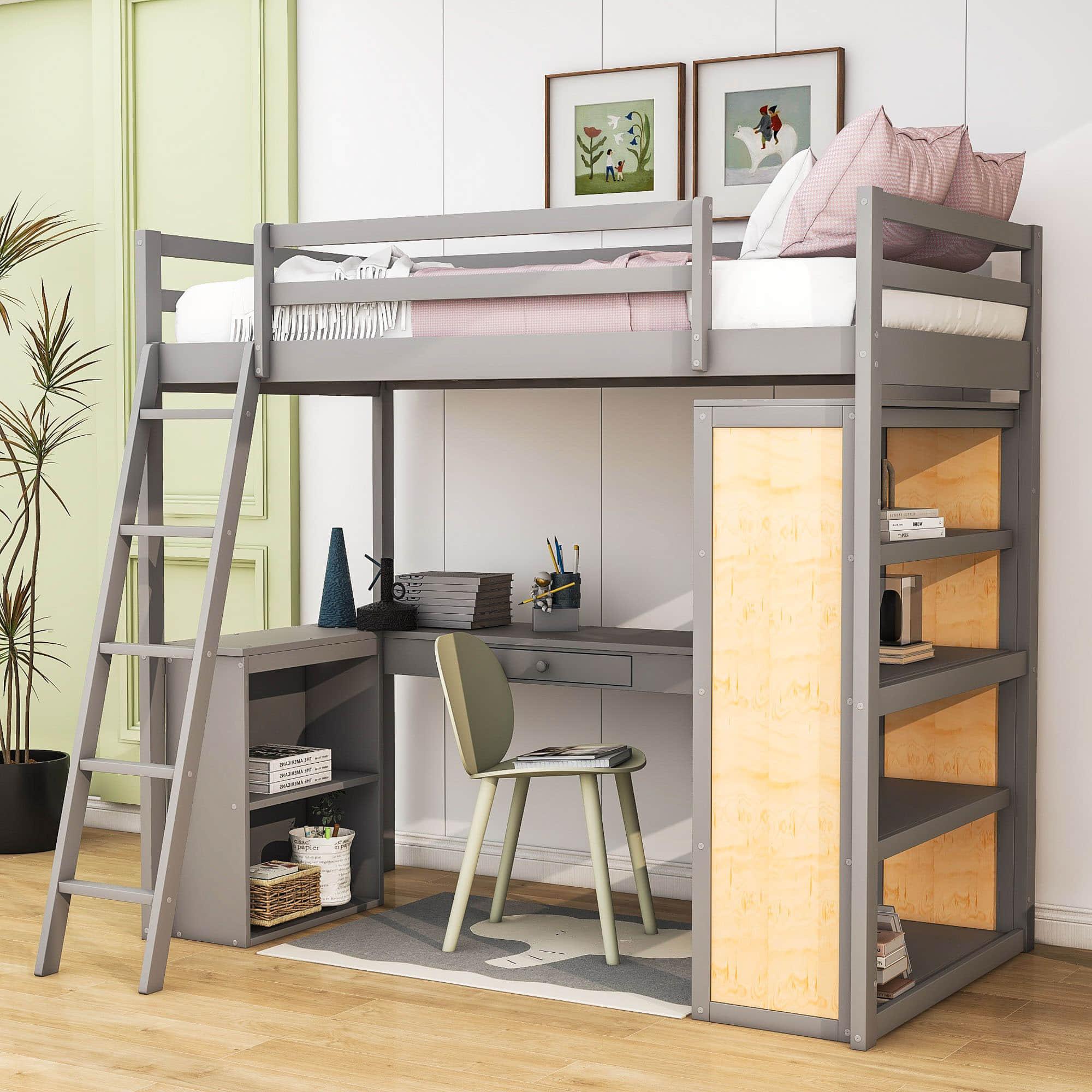 Twin Loft Bed with Desk and Storage Shelves for Adults, Teens