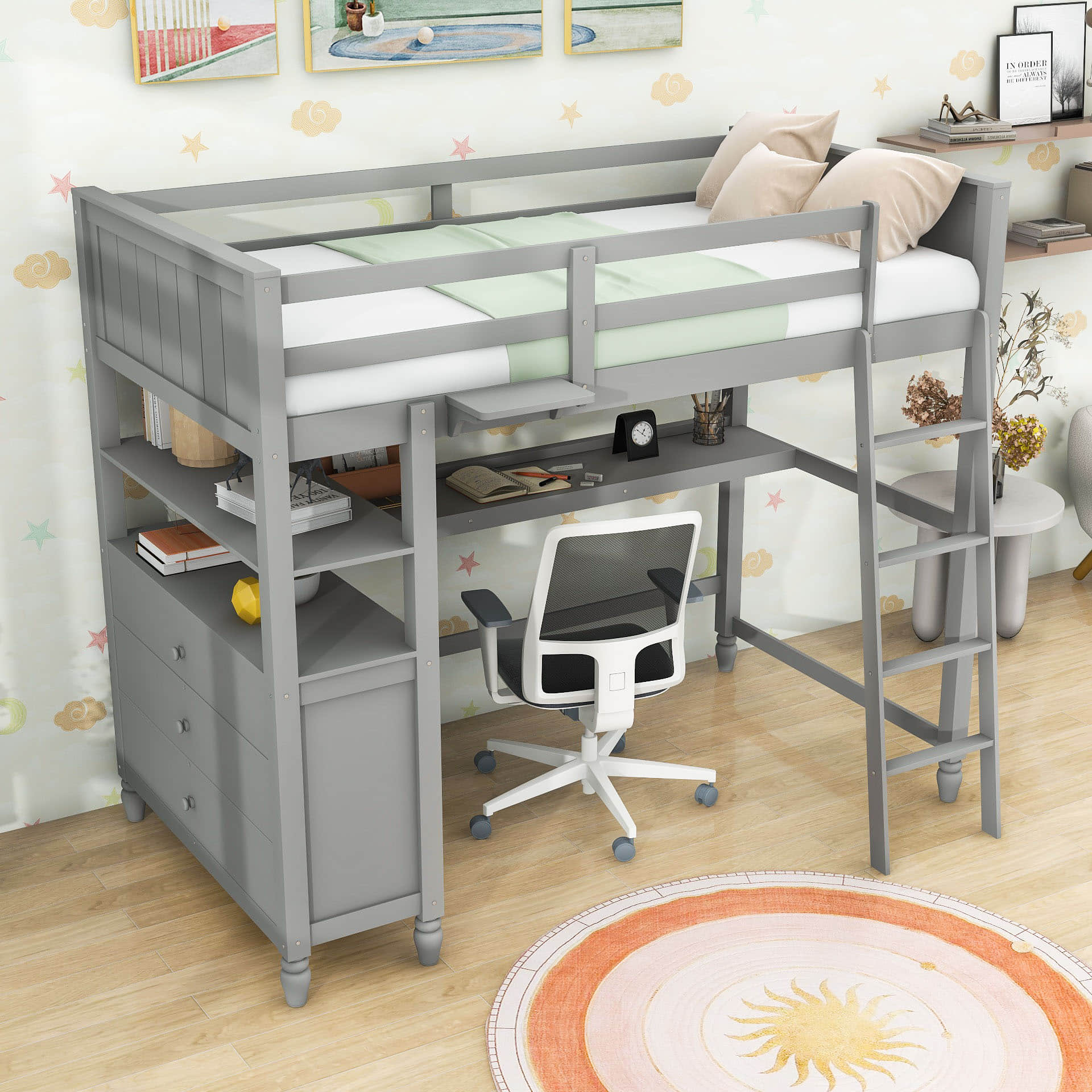 Twin Size Convertible Loft Bed with Desk and Storage - [Dresser, Shelves]