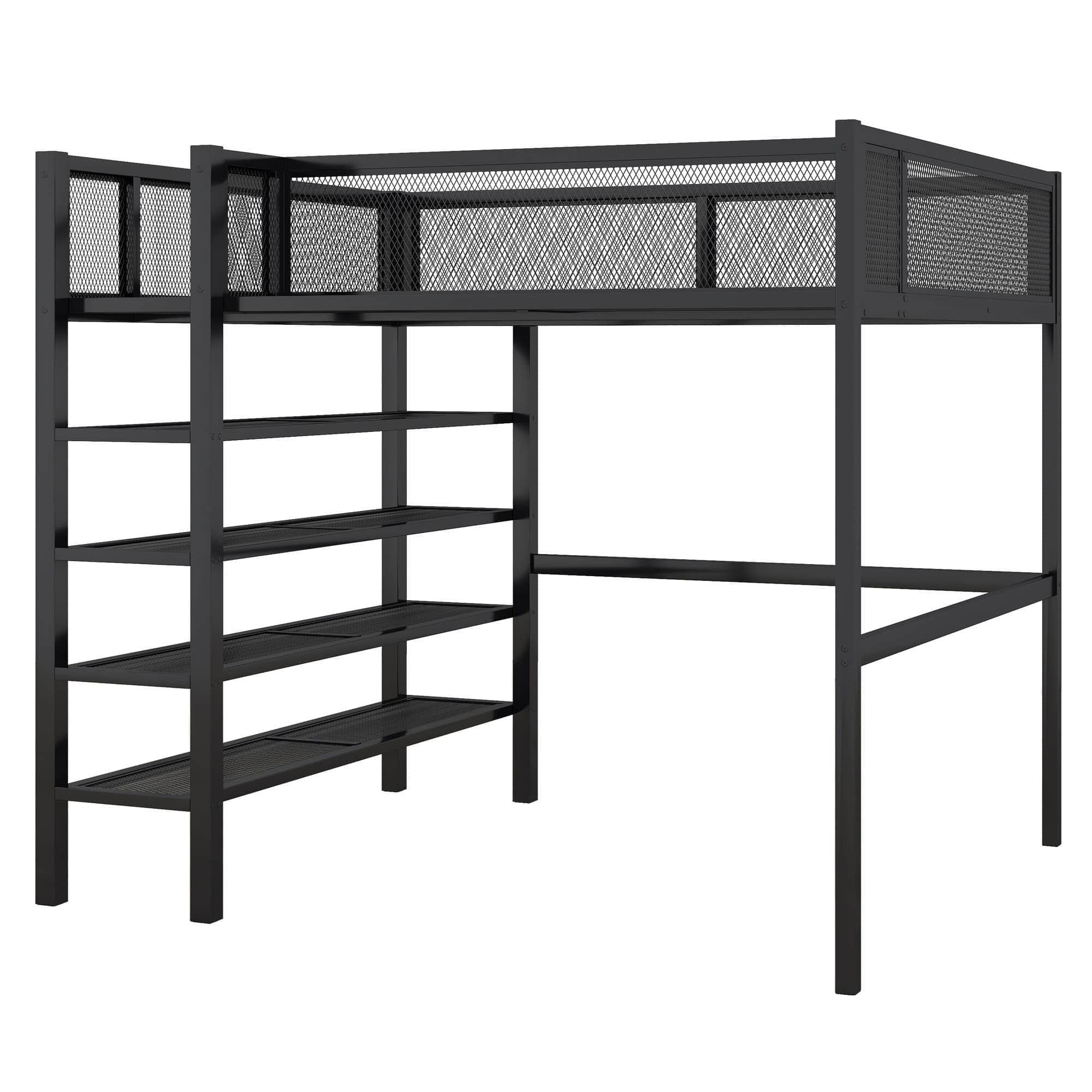 Modern Metal Full Size Loft Bed with Storage Shelves for Adult, Junior