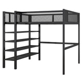 Modern Metal Full Size Loft Bed with Storage Shelves for Adult, Junior