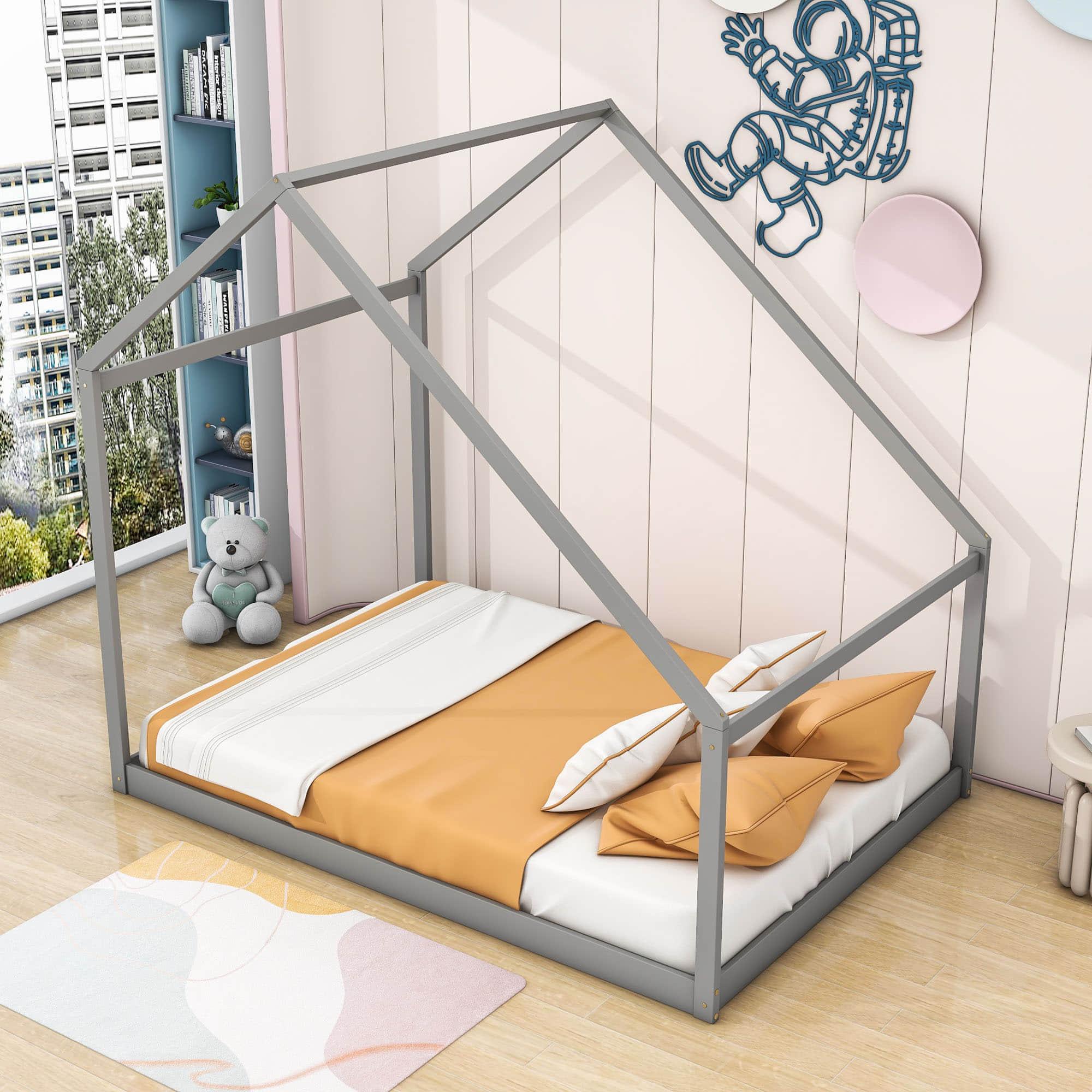 Montessori Full Size Floor House Bed Frame For Toddler Kids - [Low, Wood]