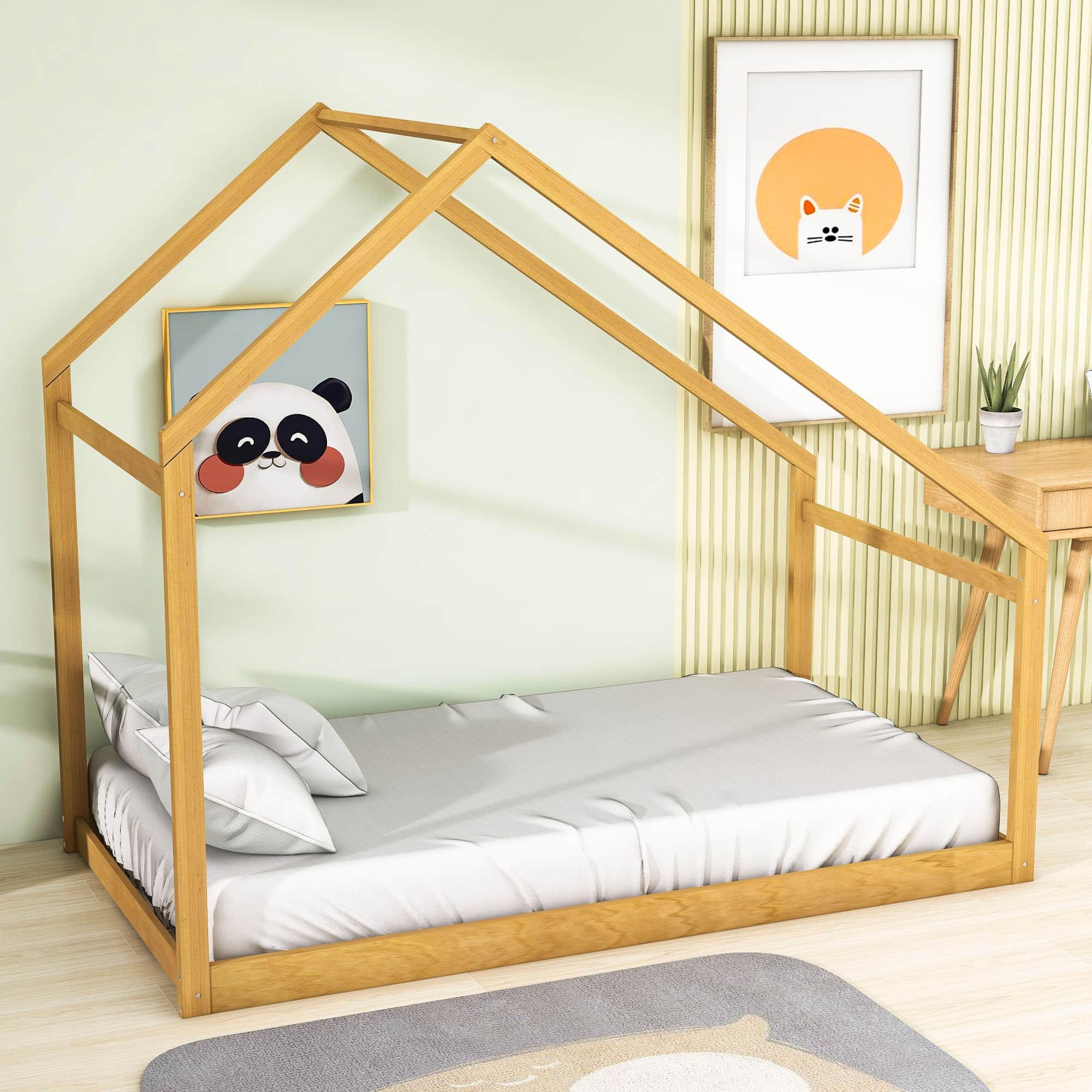 Montessori Twin Size Floor House Bed Frame for Toddler Kids - [Low, Wood]