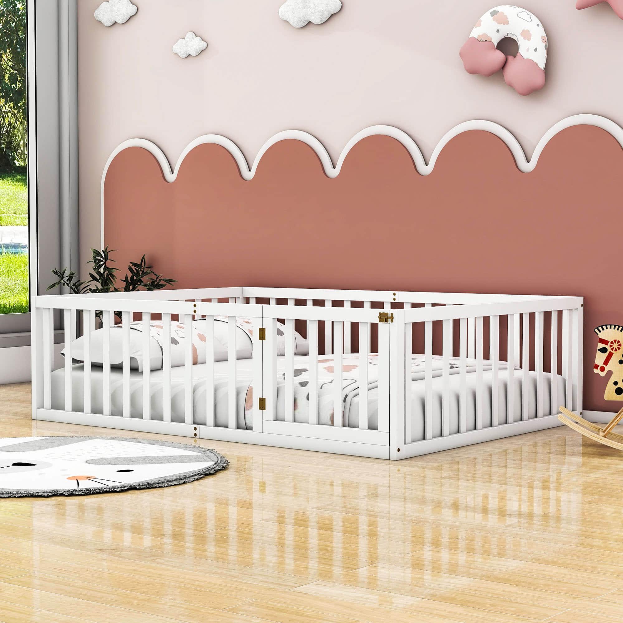 Wooden Full Size Floor Toddler Bed with Rails