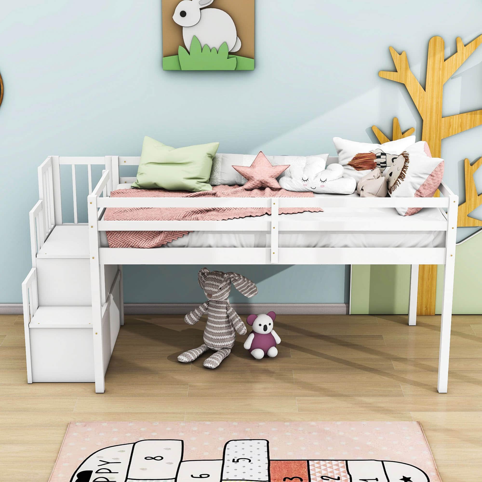 Wood Low Twin Loft Bed with Stairs and Storage for Kids, Toddler - [Shelves]