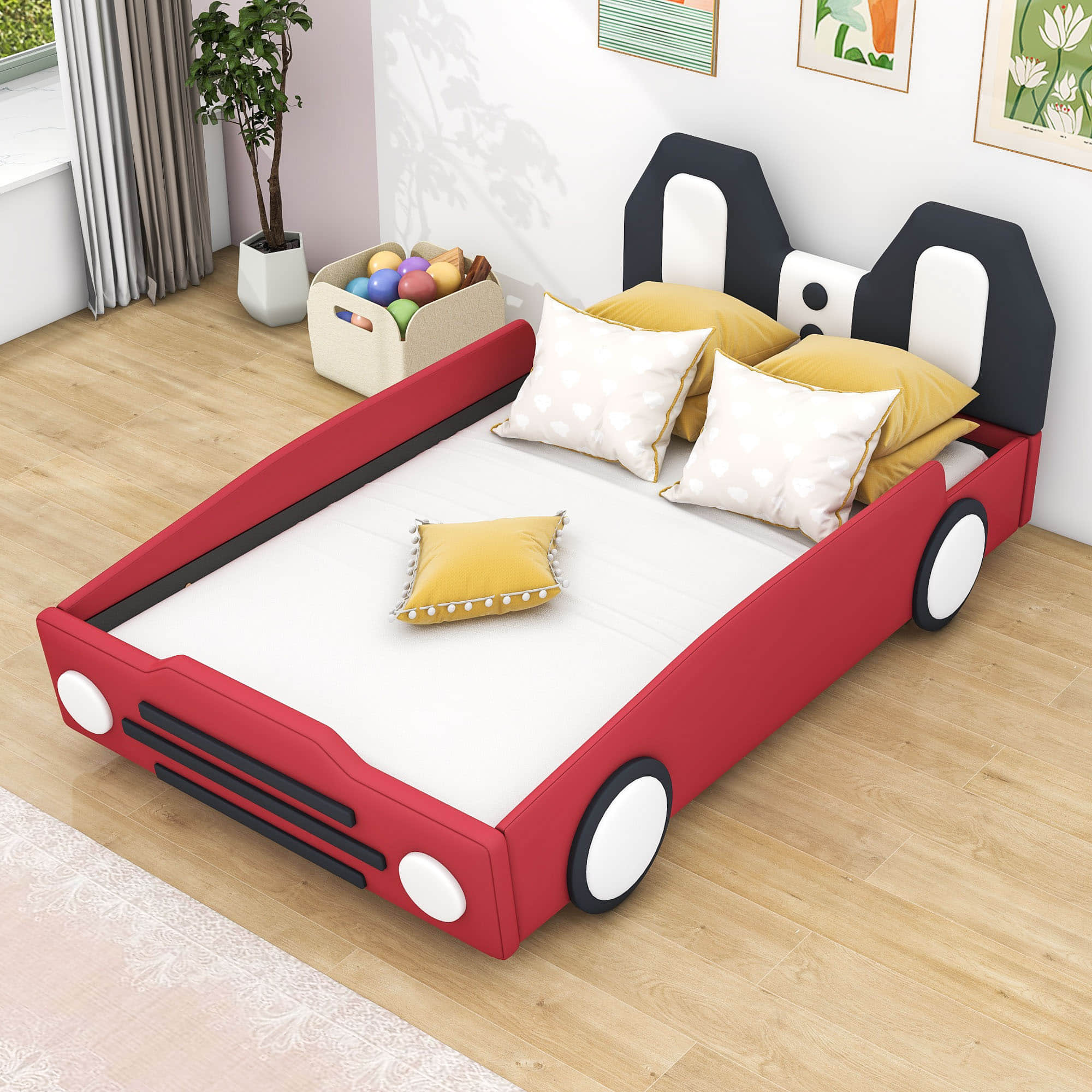 Twin Size Kids Upholstered Car Bed for Boys and Girls - [PU Leather]