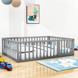 Wooden Queen Size Floor Toddler Bed with Rails and Door