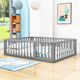 Wooden Queen Size Floor Toddler Bed with Rails and Door