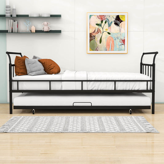 Metal Twin Daybed with Trundle and Curved Armrest - [Backless]