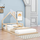 Wood Twin Toddler Floor Bed Frame with Rails and House-Shaped Headboard