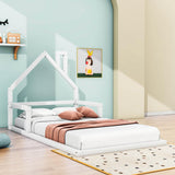 Wood Twin Toddler Floor Bed Frame with Rails and House-Shaped Headboard