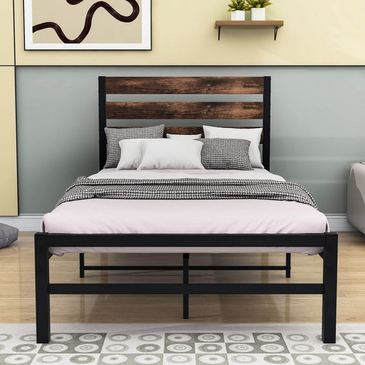 Rustic Twin Size Metal Bed Frame with Vintage Wood Headboard