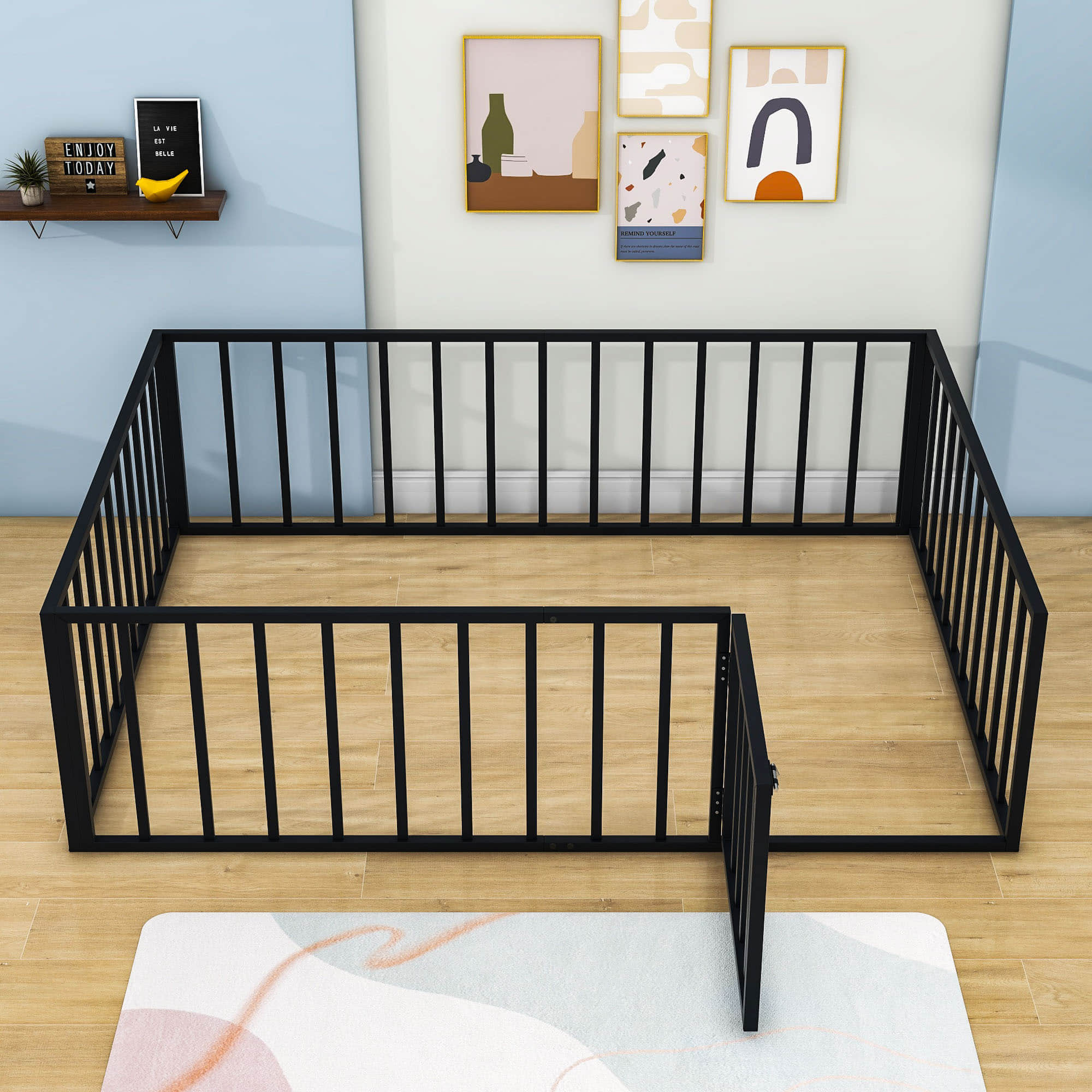 Montessori Full Size Metal Toddler Floor Bed with Rails for Kids