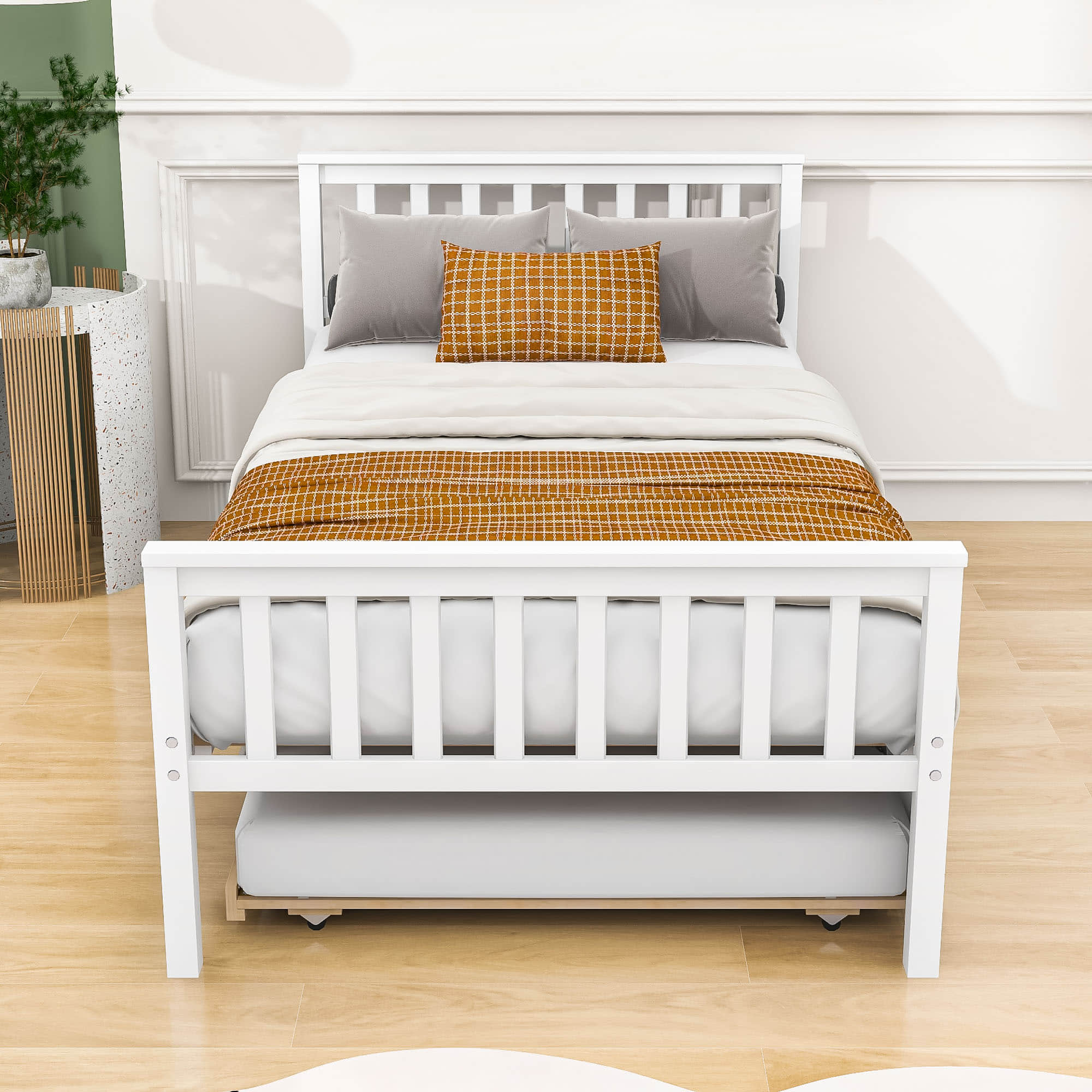 Twin Platform Bed Frame with Twin Trundle and Headboard - [Wooden, Footboard]