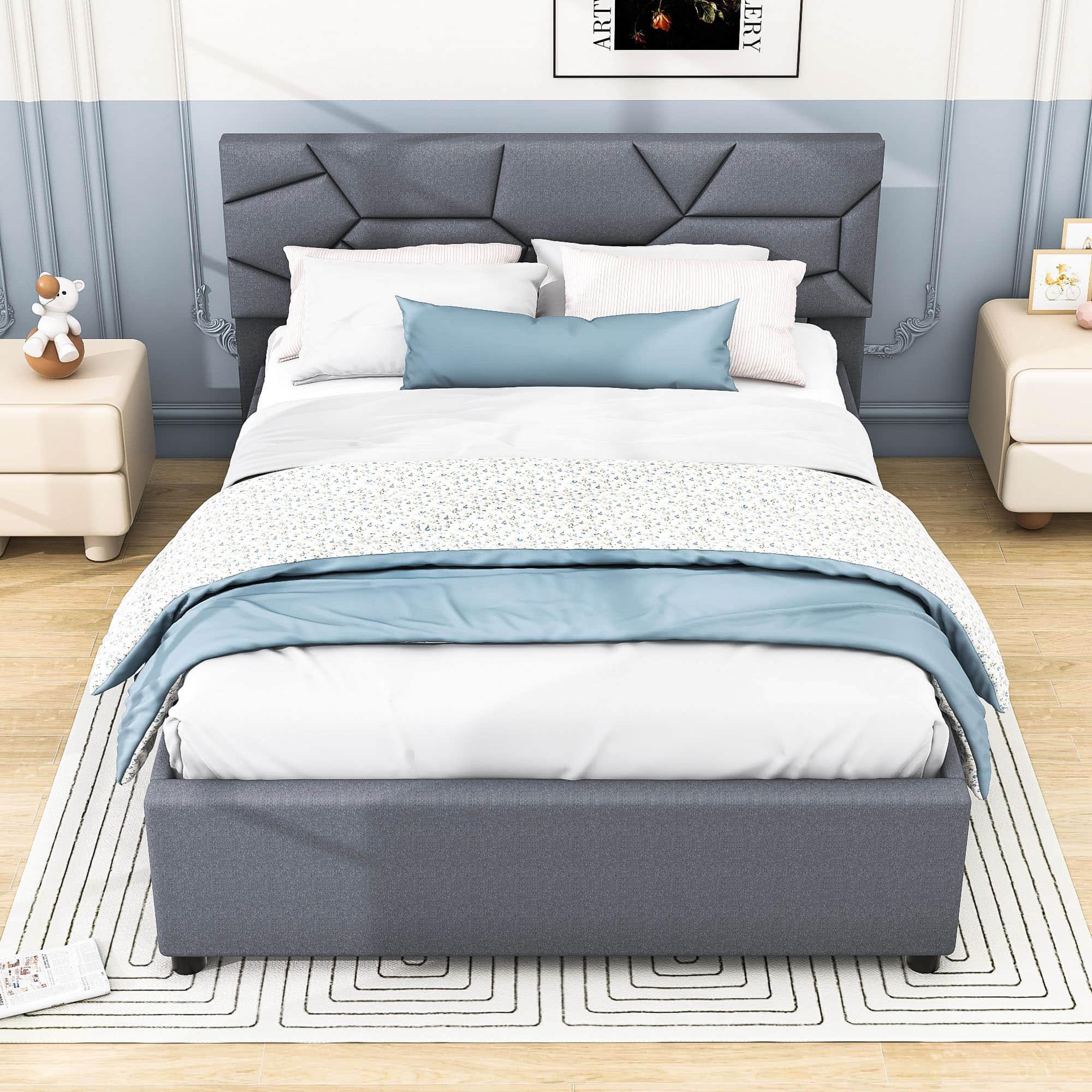 Queen Upholstered Platform Bed Frame with Headboard, Twin XL Trundle Bed