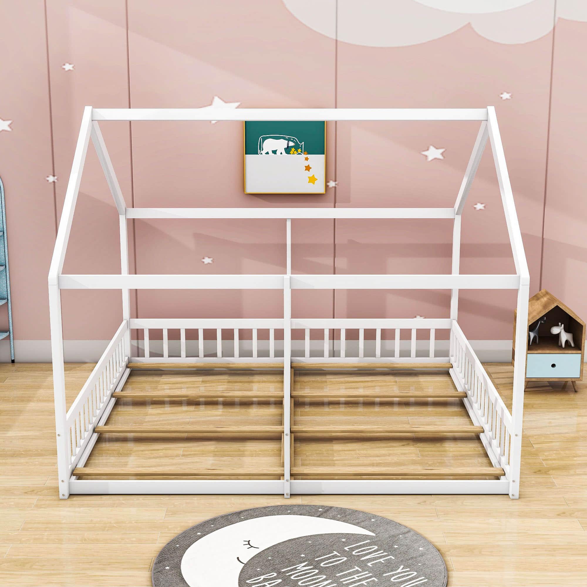 Montessori Double Twin House Floor Bed with Rails for Kids, Toddler