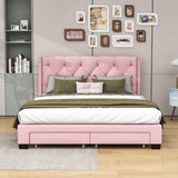 Queen Pink Upholstered Storage Bed Frame with Headboard, Drawers