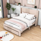 Velvet Upholstered Full Size Platform Bed with Headboard and Storage - [Drawer]