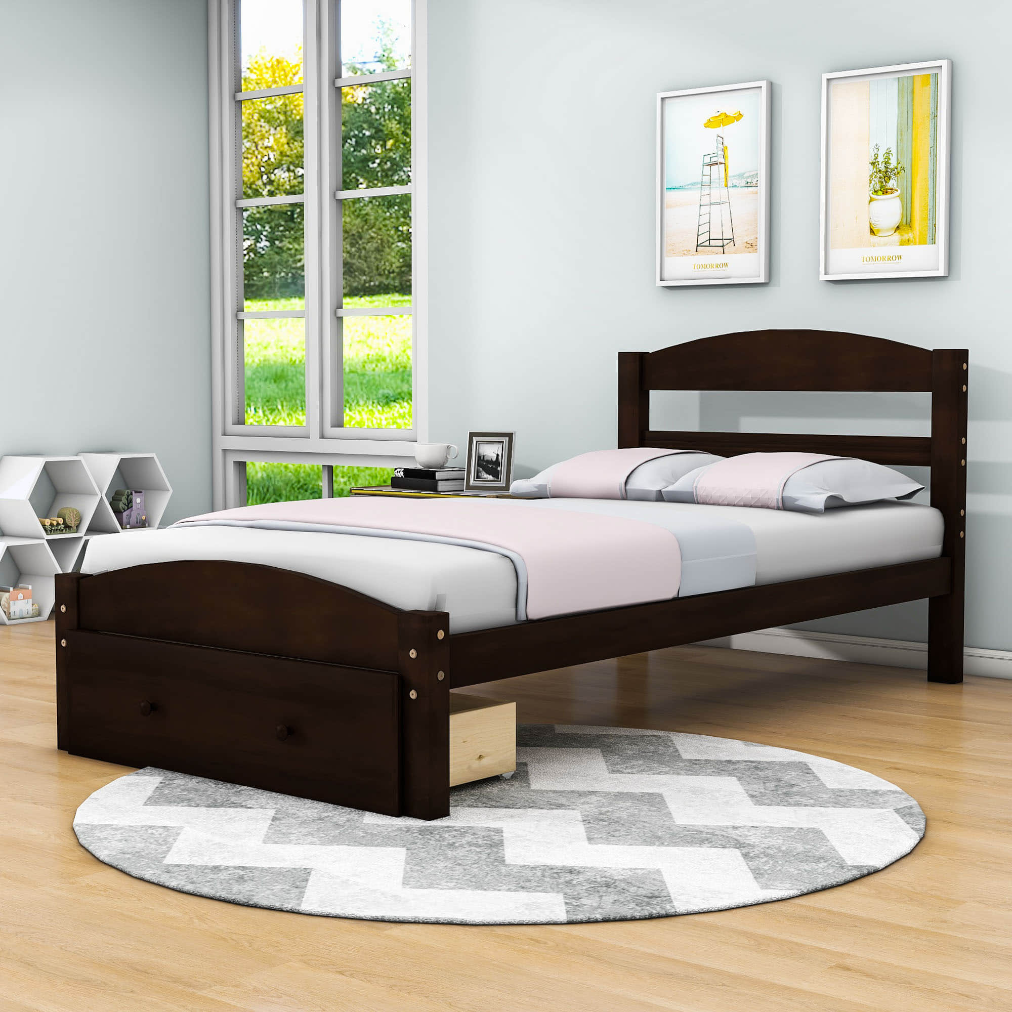 Wood Twin Bed Frame with Headboard and Storage Kids Bedroom Furniture