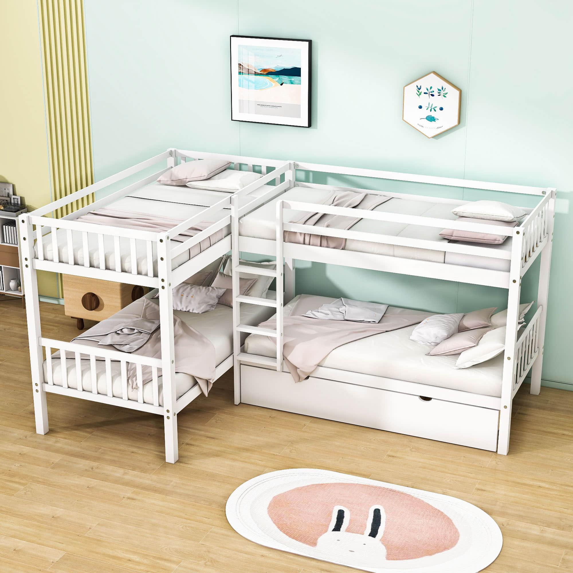 Twin L-Shaped Quad Bunk Bed with Storage - [Drawers, Ladder]