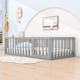 Wood Twin Size Montessori Toddler Floor Bed Frame with Rails and Door