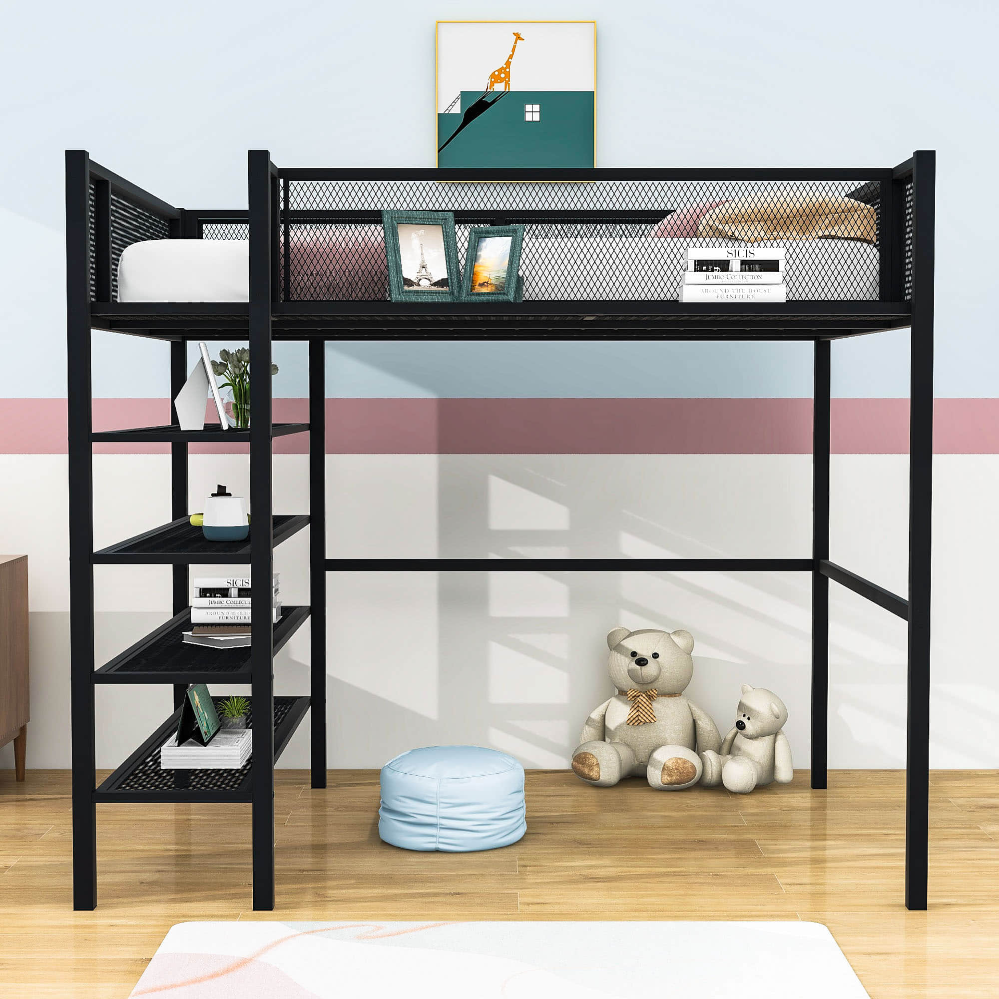 Sturdy Twin Metal Loft Bed Frame with Storage Shelves for Adults, Kids