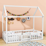 Wood House Twin Toddler Floor Bed with Rails and Door