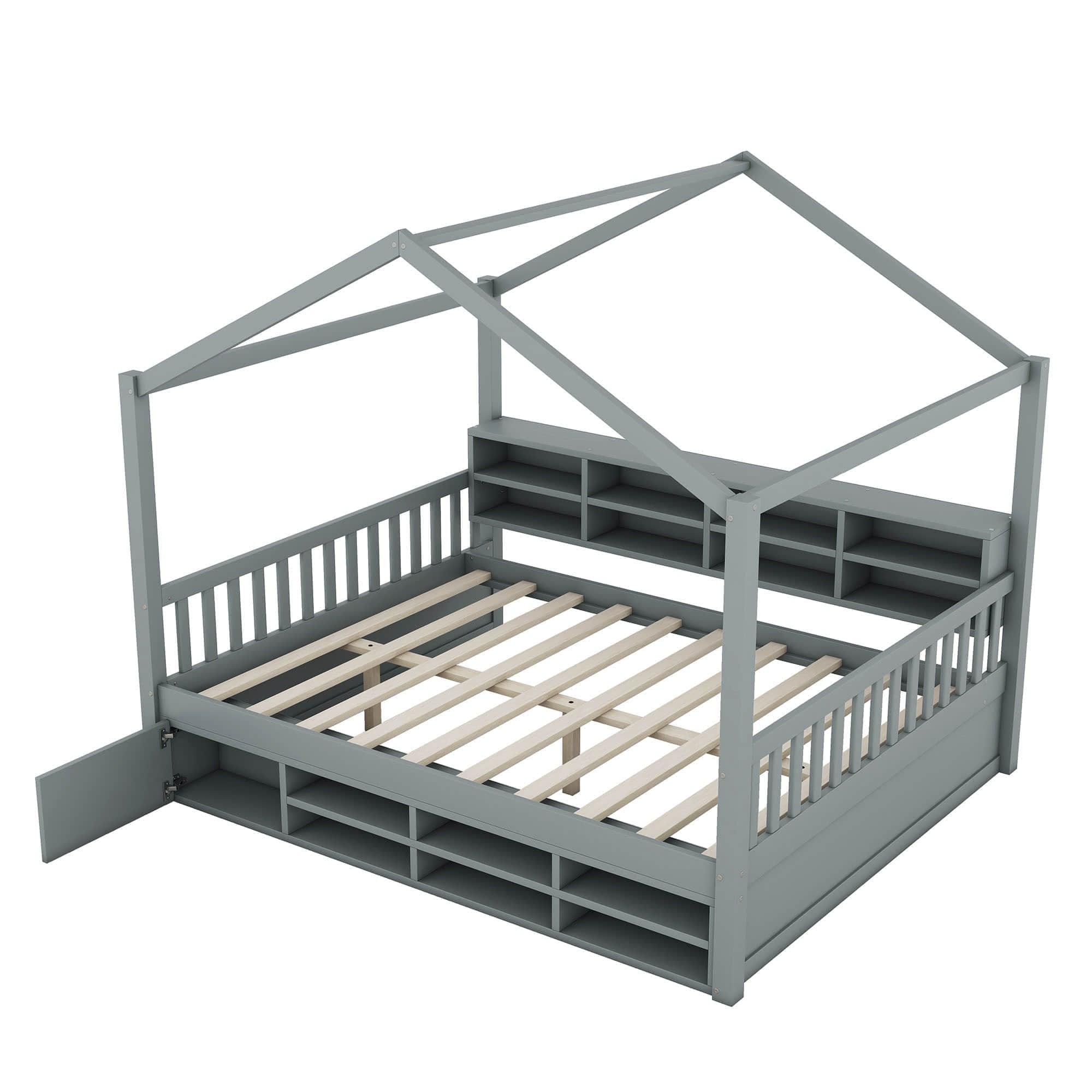 Wood Full House Kids Storage Bed Frame with Shelves and Mini-Cabinet