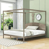 Rustic Wood King Size Canopy Bed Frame with Headboard for Adults