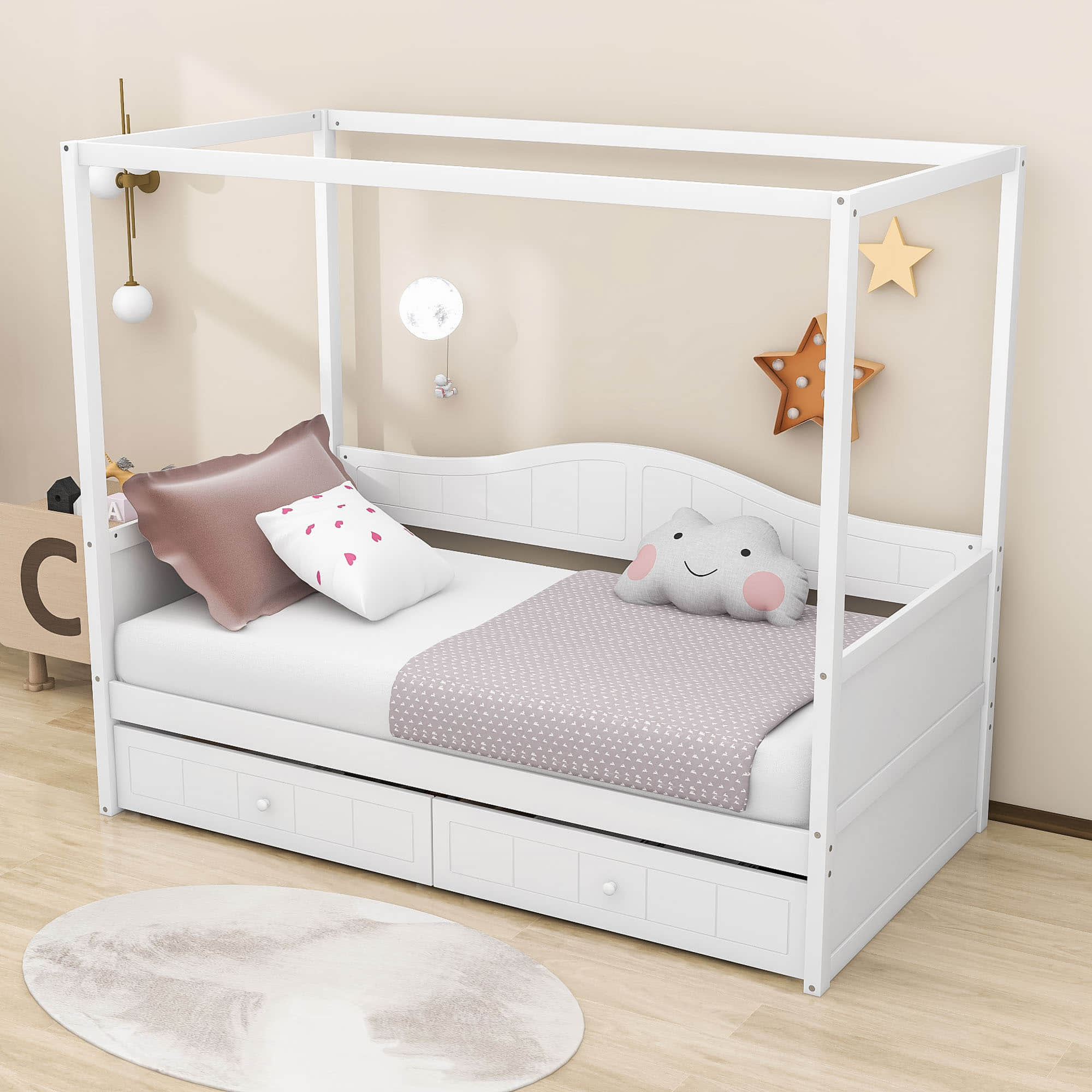 Wood Twin Size Canopy Daybed with Storage Drawers in Living Room