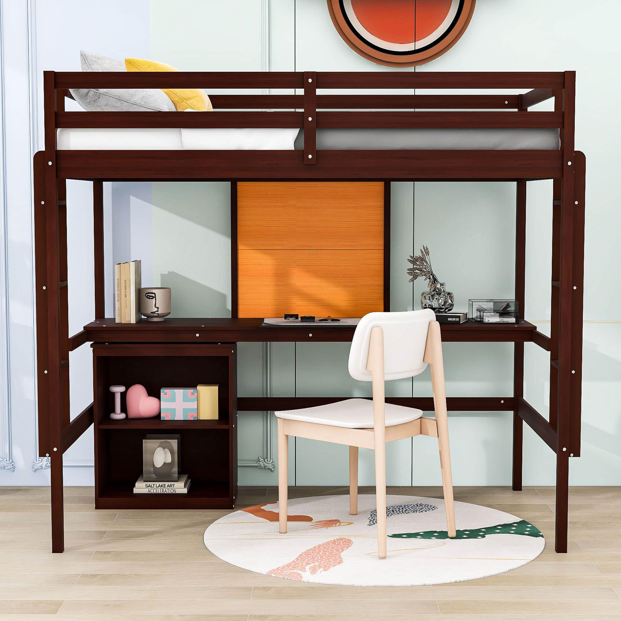 Wood Twin Loft Bed with Desk and Storage for Adults, Kids - [Cabinet]