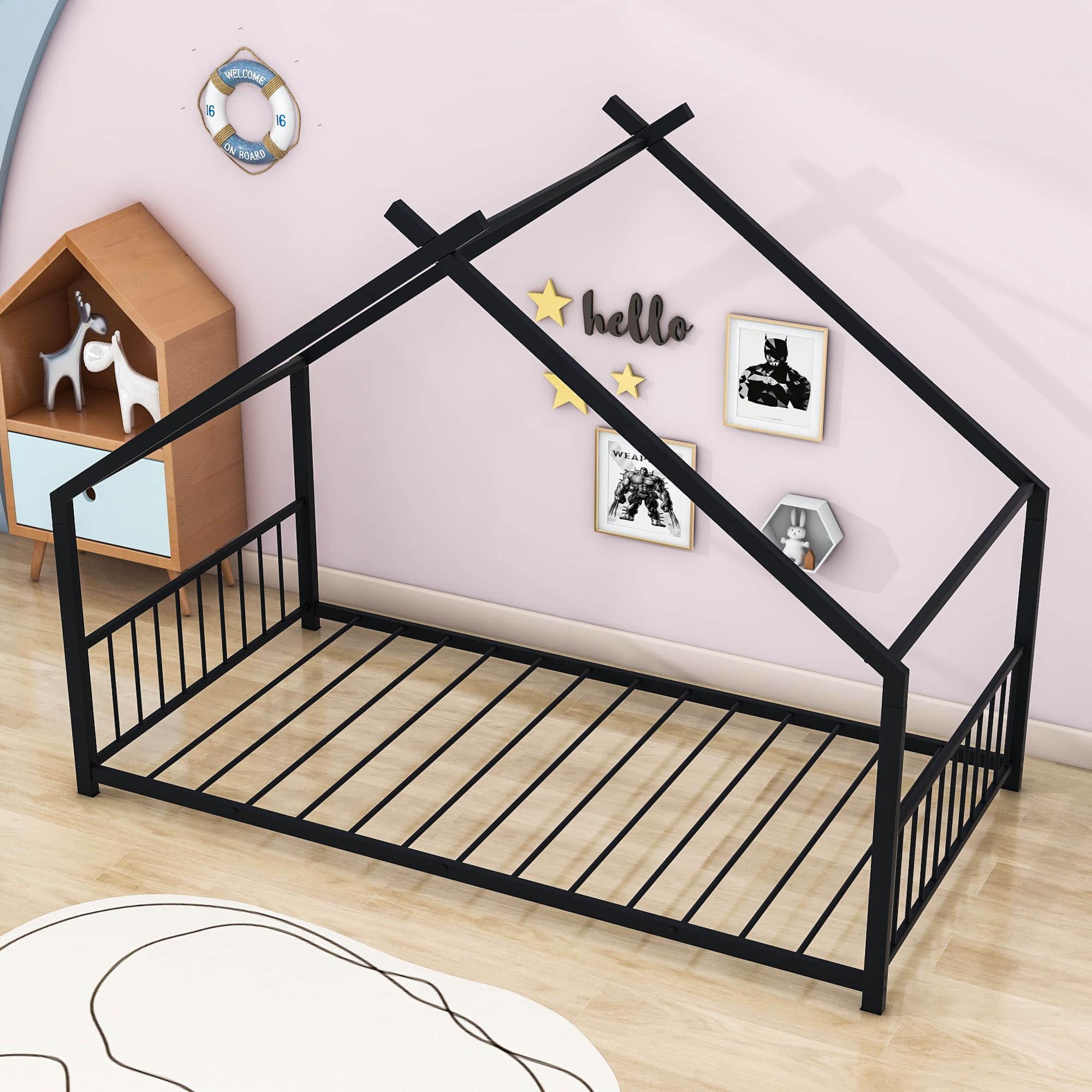 Twin Size Metal House Floor Bed for Toddler, Kids