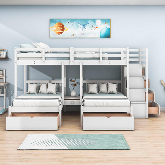 Wood Full Over Twin & Twin L-Shaped Triple Bunk Bed with Stairs and Drawers