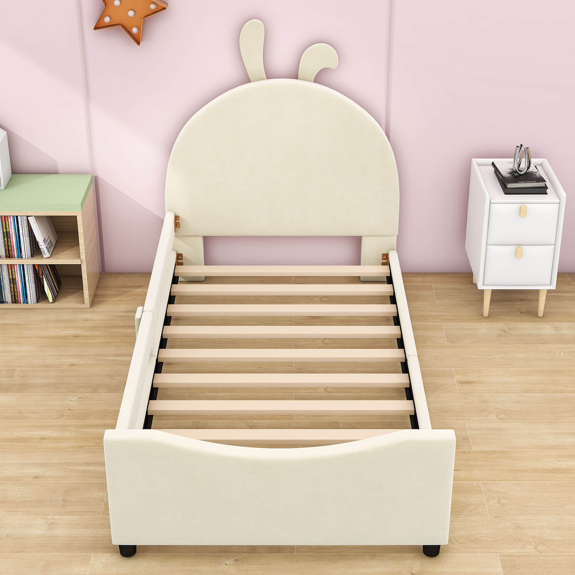 Cute Twin Size Low Profile Upholstered Toddler Bed with Rails