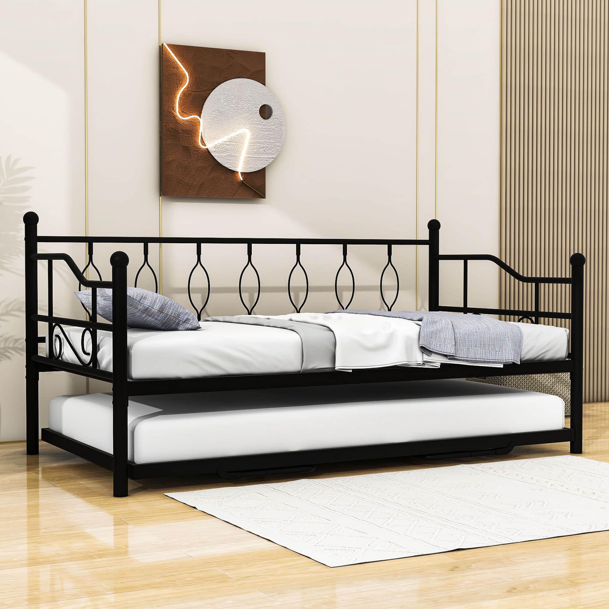 Metal Twin Size Daybed with Twin Pop Up Portable Folding Trundle