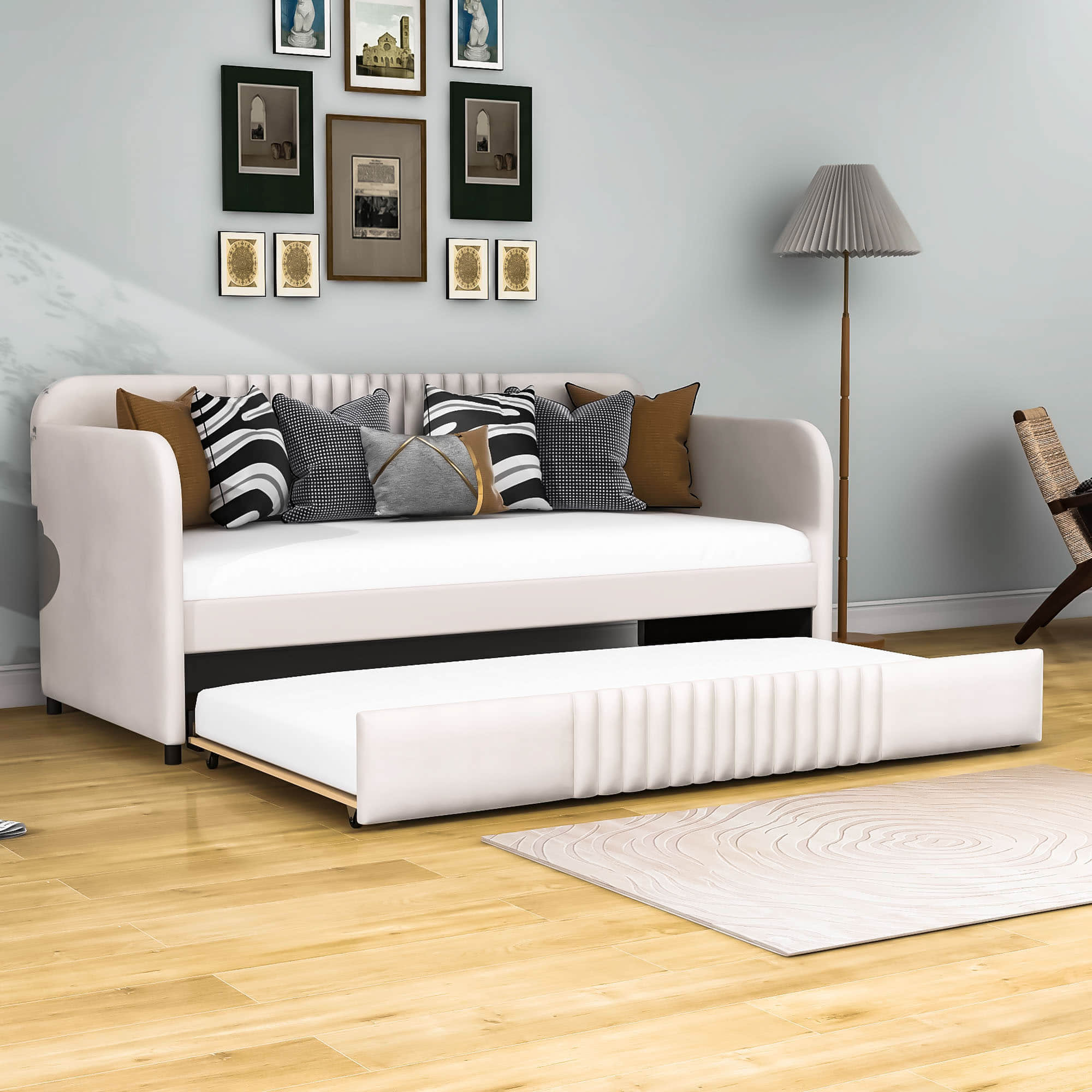 Modern Twin Upholstered Daybed with Trundle Bed - [Sofa Bed in Living Room]