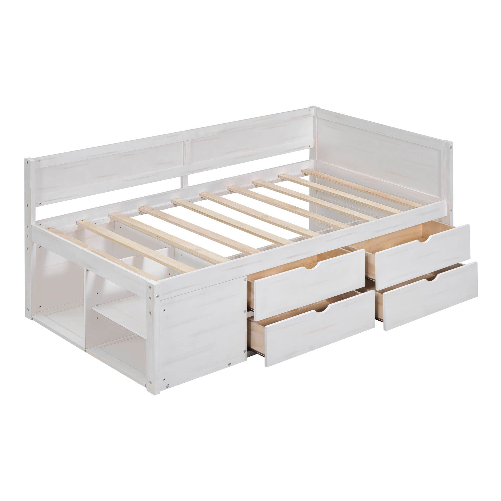 Wood Twin Daybed with Storage Drawers and Shelves for Kids