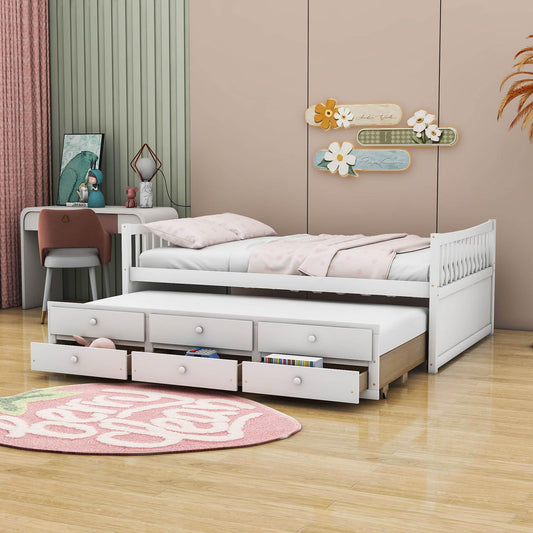 Wooden Full Size Daybed with Trundle and Storage - [Drawers, Backless]