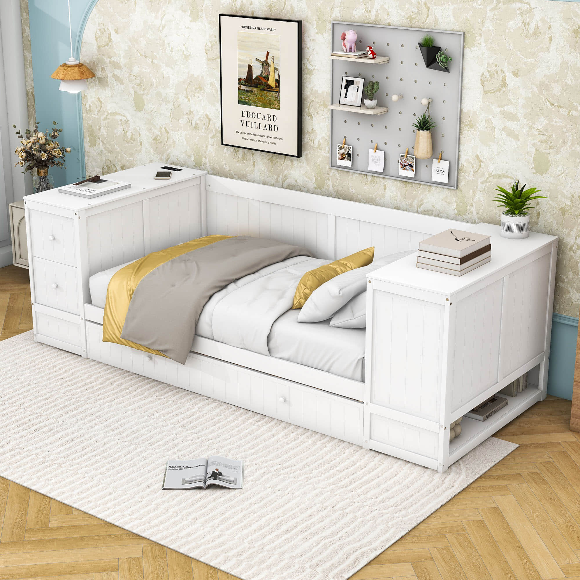 Smart Twin Daybed with Trundle Bed and Storage Arms, Charging Station