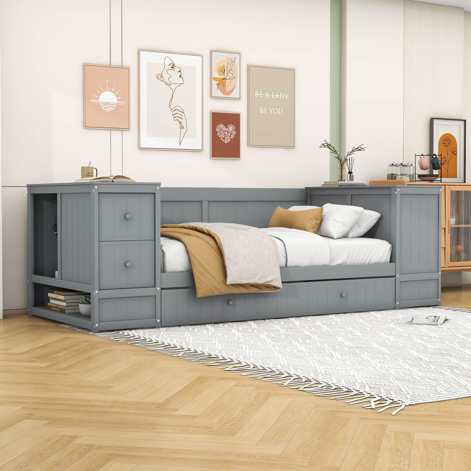 Smart Twin Daybed with Trundle Bed and Storage Arms, Charging Station