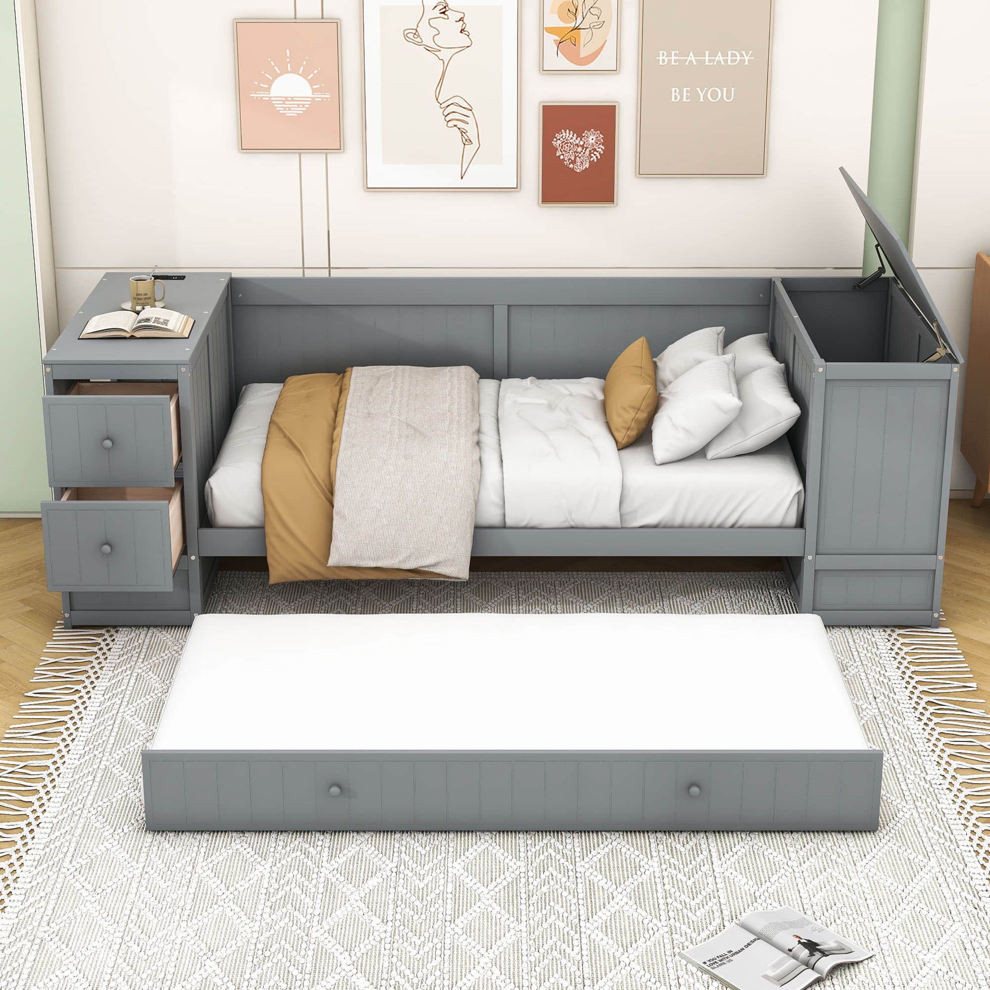 Smart Twin Daybed with Trundle Bed and Storage Arms, Charging Station