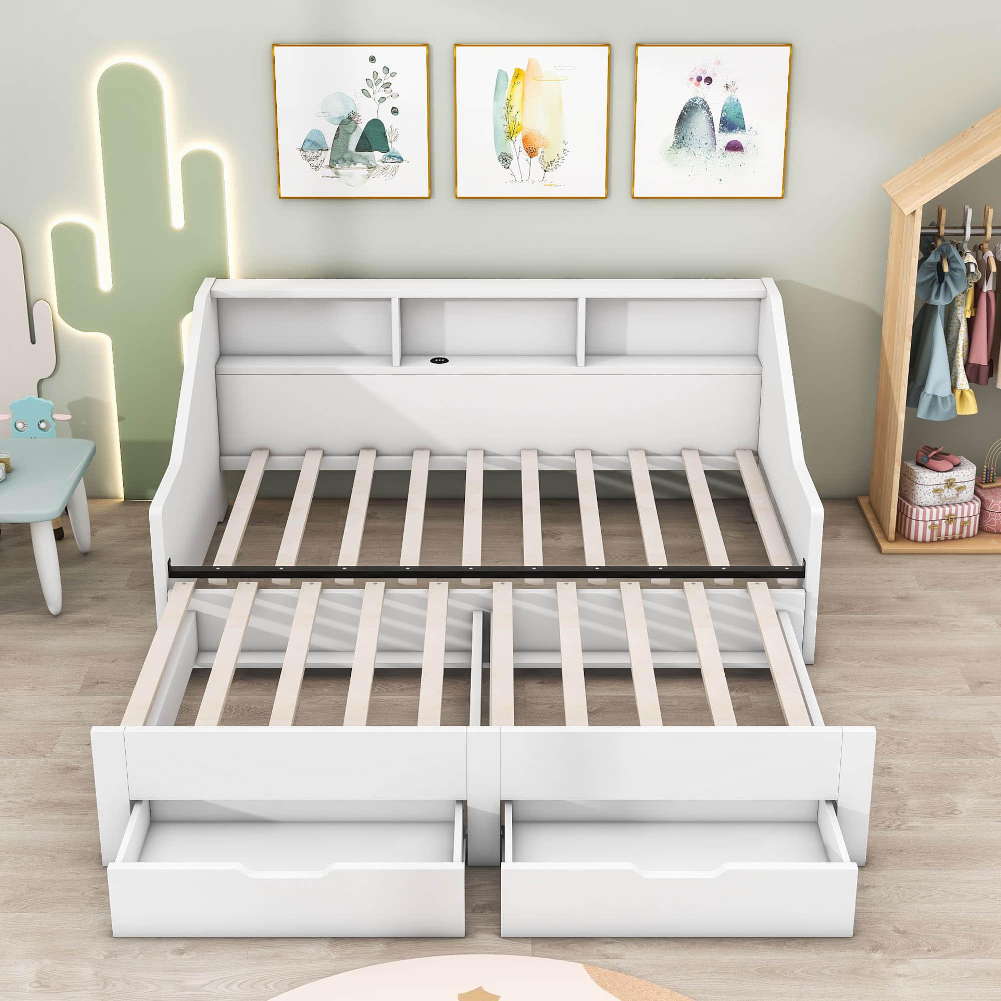 Wooden Twin to King Extendable Daybed with Pull-out Trundle and Storage