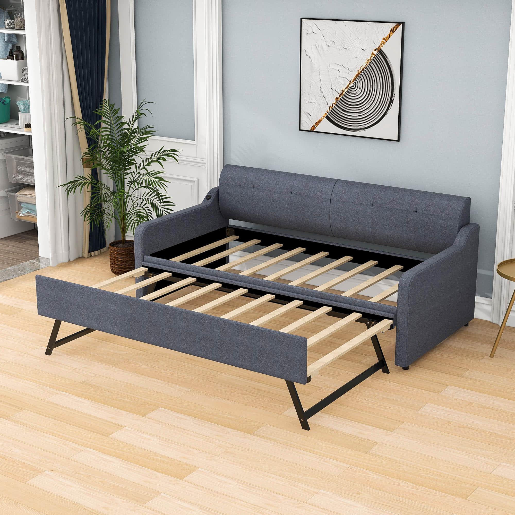 Twin Upholstered Daybed with Convertible Rising Trundle and USB Charging Socket