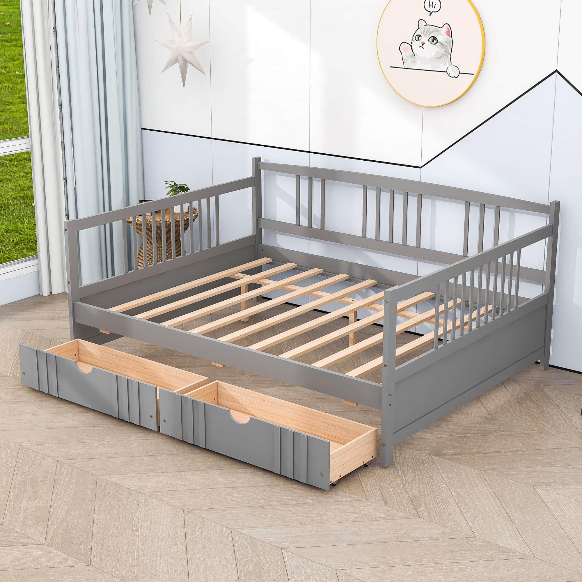 Wood Full Size Daybed with Storage Drawers and Slat Back