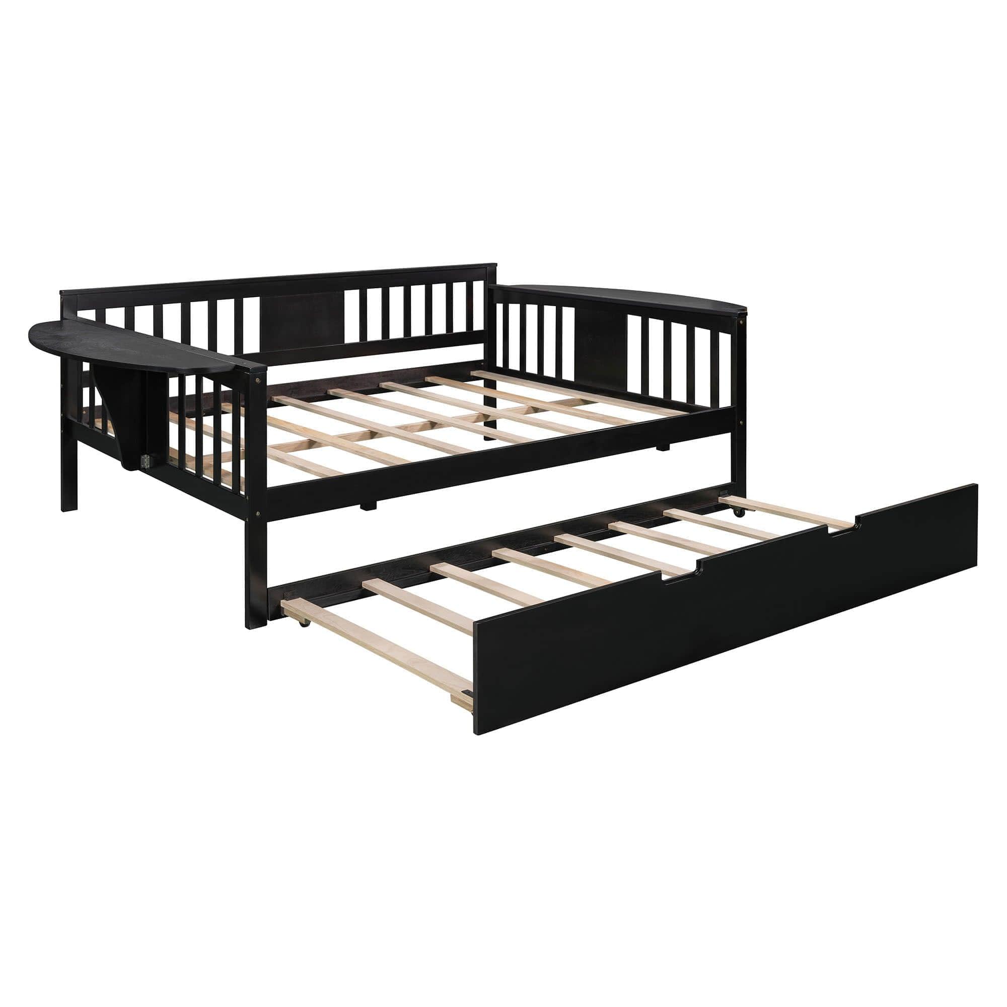 Wooden Full Size Daybed with Trundle Bed and Storage